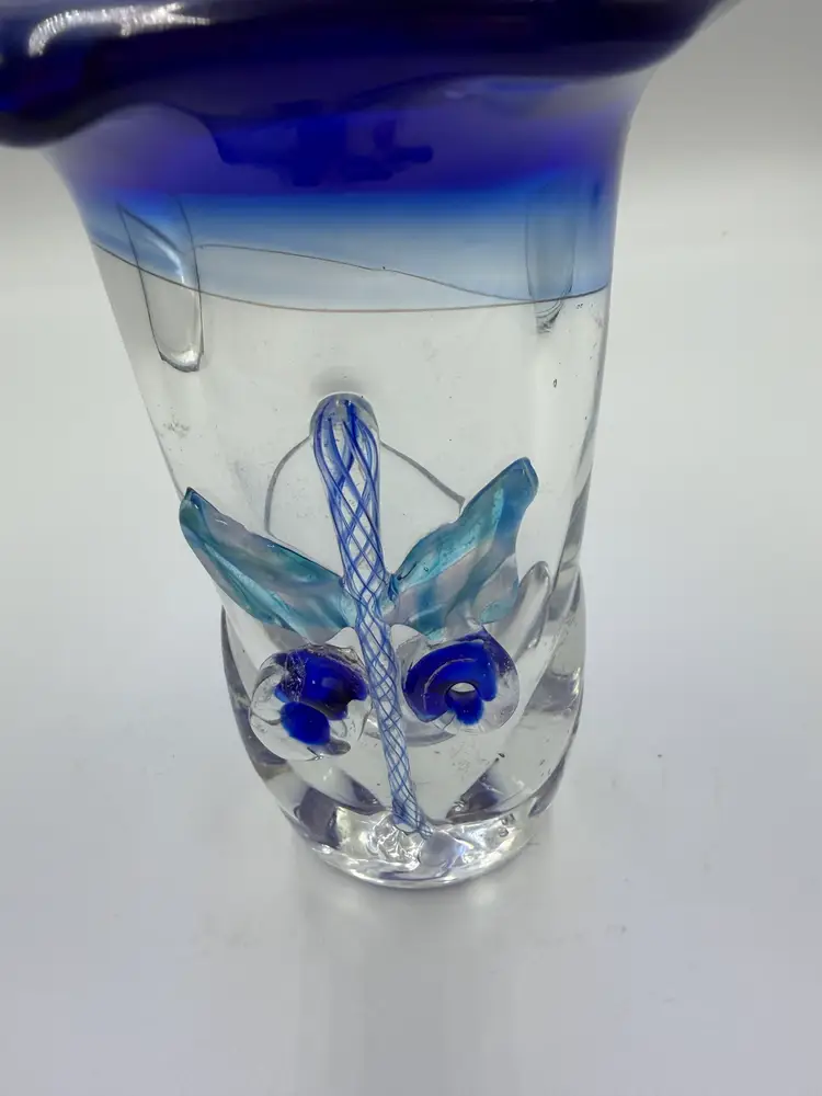 Vintage Cobalt Blue Fluted Art Glass Vase Signed by artist