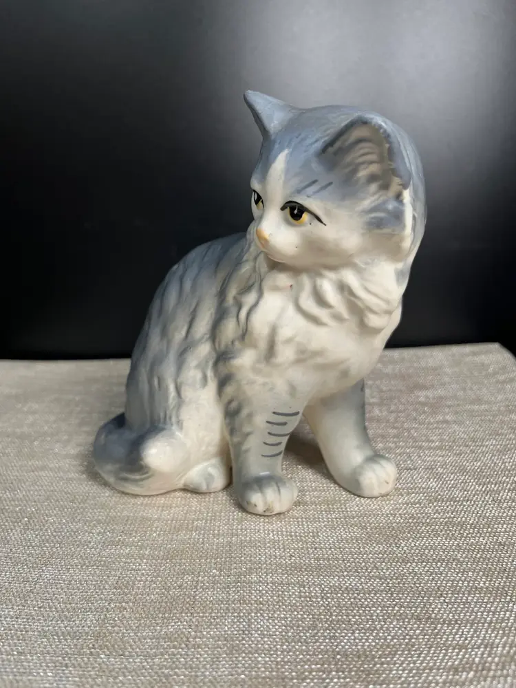 Made in Japan-Hand Painted Ceramic Gray & White Long Haired Kitty