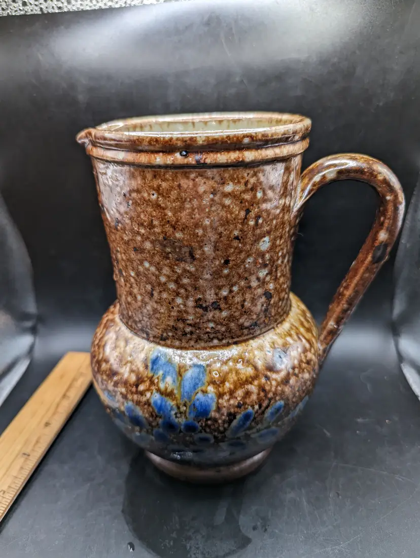 Vintage Vermont Salt Glaze Cobalt Decorated Handled Stoneware Pitcher 7.5"