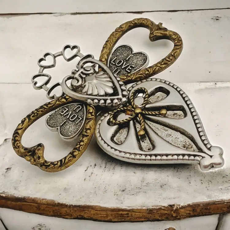 Cross Embellished w/ Hearts & I Love U Silver & Copper Tone Brooch Treska