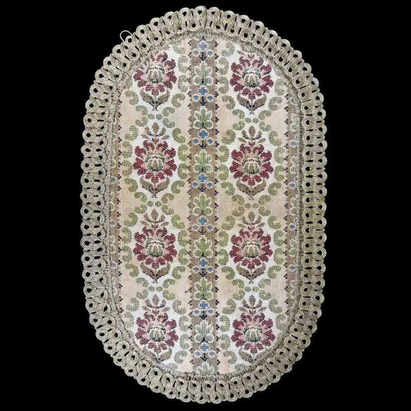 10”x16” Vintage Hand Embroidered Tapestry Doily Runner, Metallic Edge