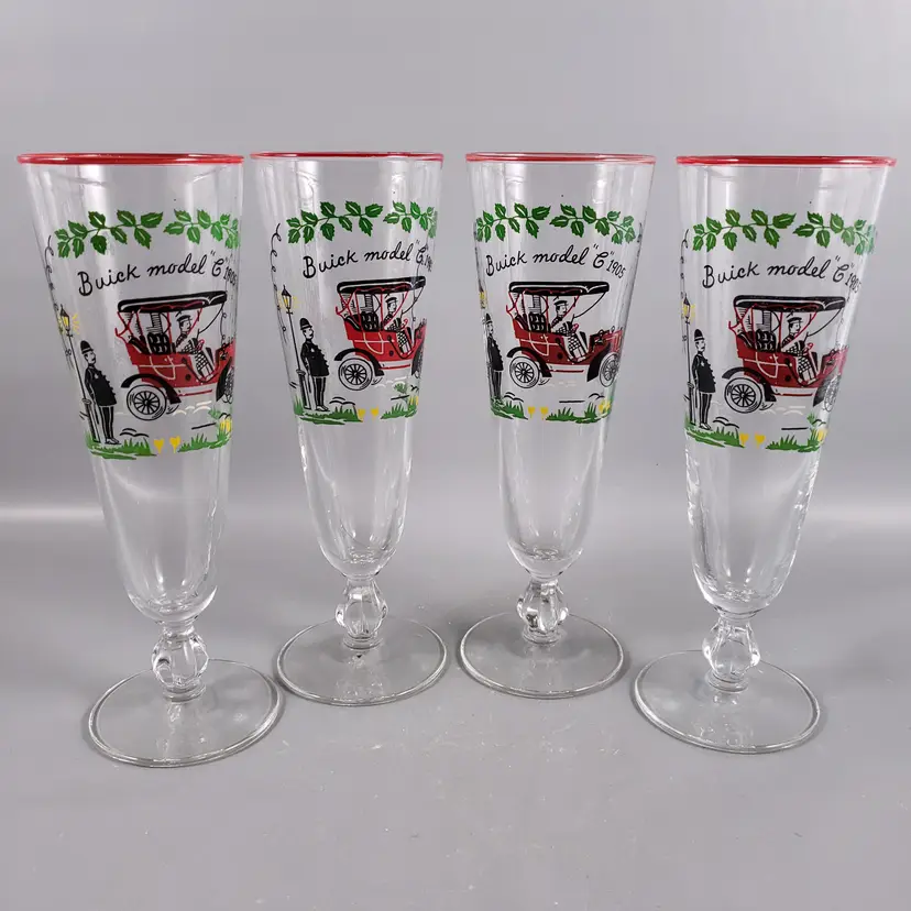 Vintage LIBBEY 1950's HORSELESS CARRIAGE BUICK MODEL "C" 1905 PILSNER Glass SET