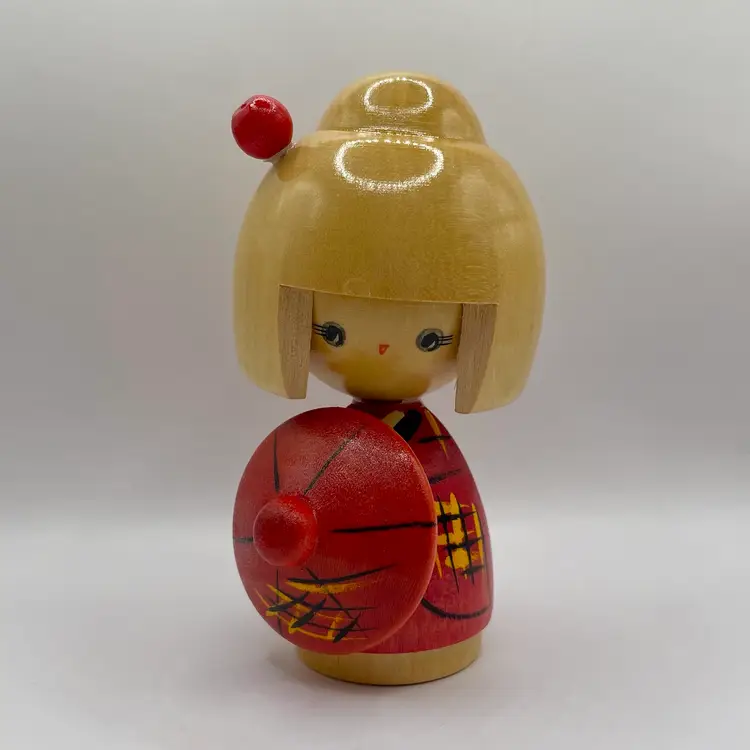 Kokeshi Wooden Doll Red Kimono Umbrella Hair in Blonde Bun Japan
