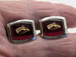 Vintage Horse Head Cufflinks with Red Enamel Silver Tone Equestrian Jewelry
