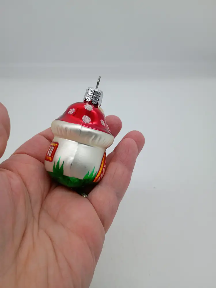 Mercury Glass Red / White Mushroom Fairy Gnome House Christmas Ornament Czech Republic.