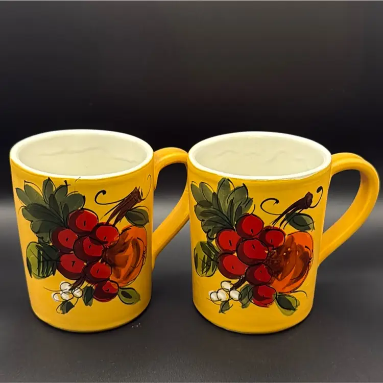 Mustard Yellow Hand Painted In Italy Fruit Mugs