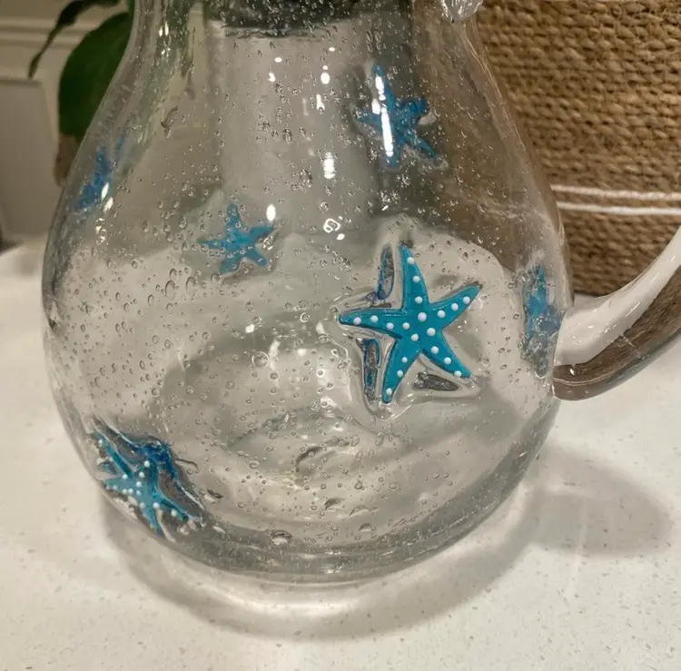 Hand Blown Glass Pitcher w/ Blue Starfish 3QT 8.5” Tall