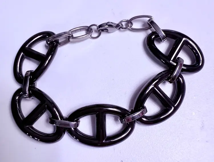 Chunky Black Anchor-Link Bracelet with Stainless-Steel Findings