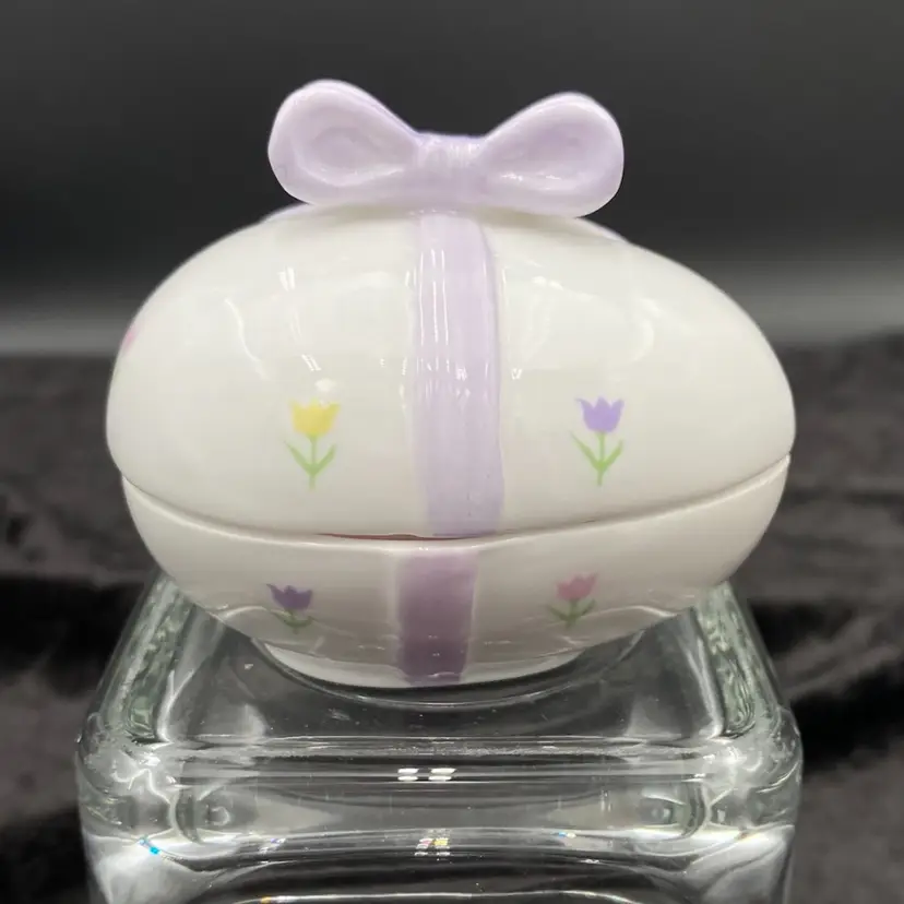 Beacon Hill Ceramic Easter Egg Candle, Purple Bow/Tulips, Trinket Box, w/Sticker