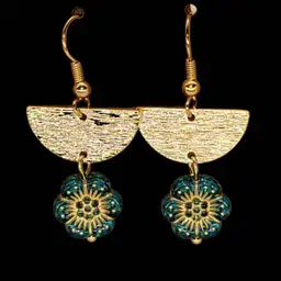 Goldtone Earrings With Half Circle And Czech glass hawaiian flower.