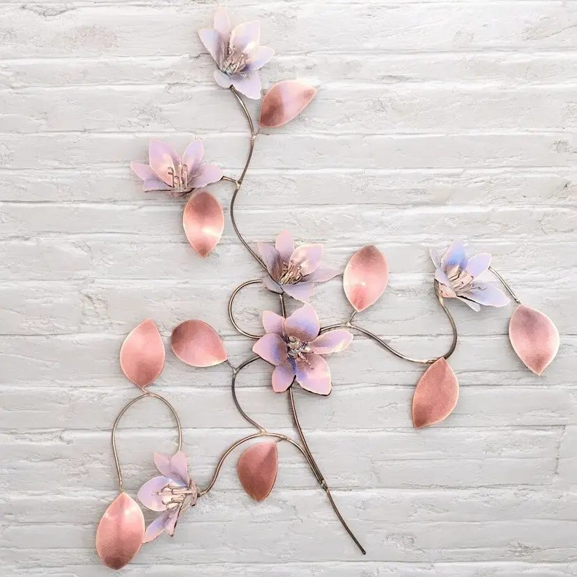 Bovano Copper Enamel Wall Art | MCM Rose Gold Floral | 20” Vintage Mid Century Wire Sculpture | Enamel Flower Art | Retro Wall Decor