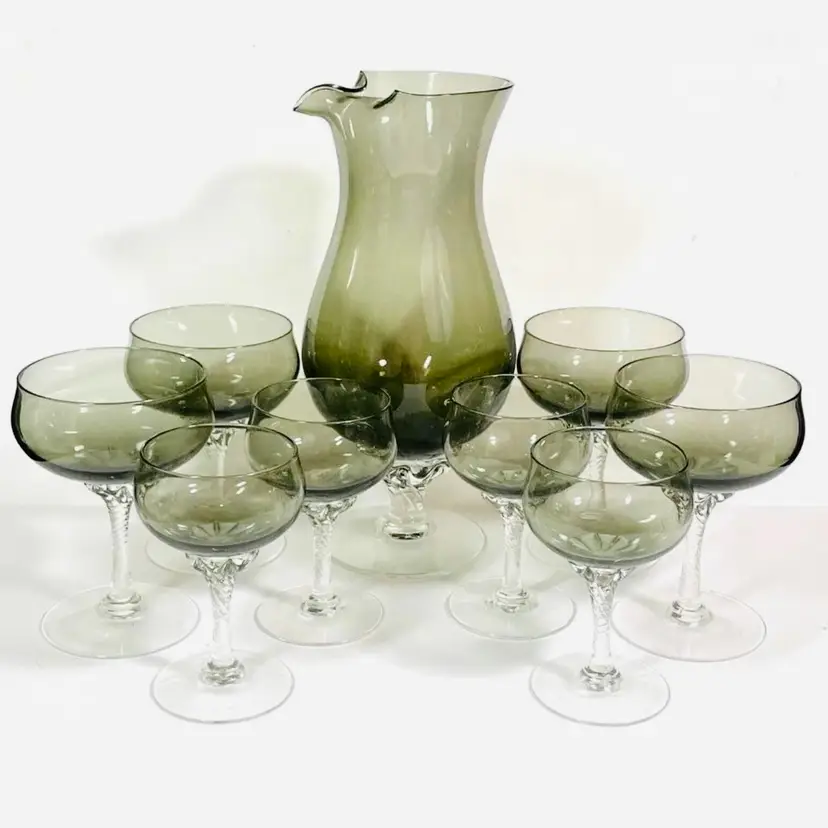 Vintage Decanter Stemware Set
10pc Cocktail Set Martini Margarita 
Smokey Coronation Beverage Collection 
Blown Glass By Sasaki 1950-1959 MCM