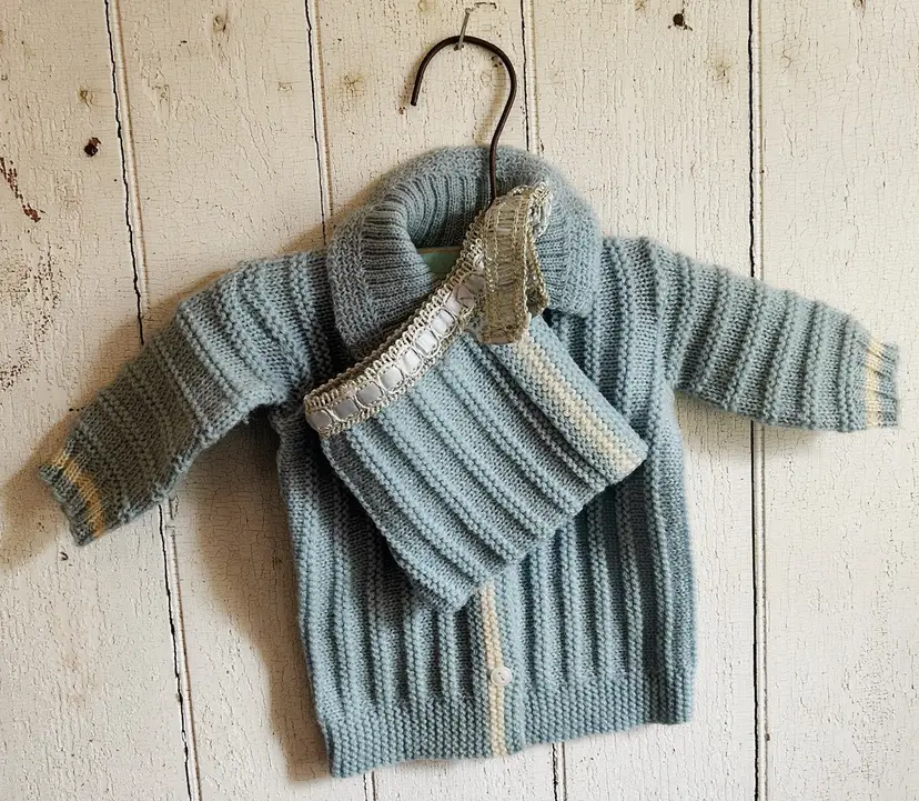 Vintage Light Blue Baby Boy Sweater With Hat Handmade Knitted