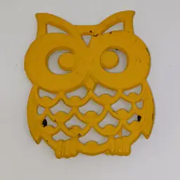Vintage MCM Cast Iron Footed Owl Trivet Yellow