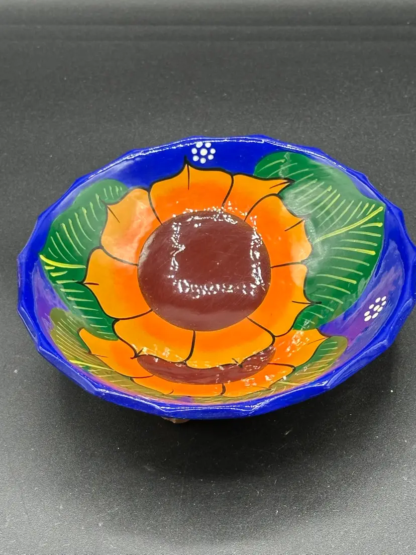 Mexican Folk Art Pottery Footed Bowl Small Multi Color Floral Sunflower Mexico