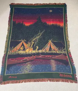Bob Timberlake Buffalo Cowboy Camp Western Native Tapestry Throw Blanket VINTAGE