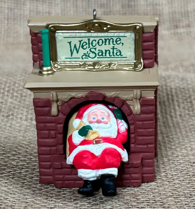 Vintage Hallmark Ken Crow Welcome Santa Plastic Christmas Ornament Fireplace