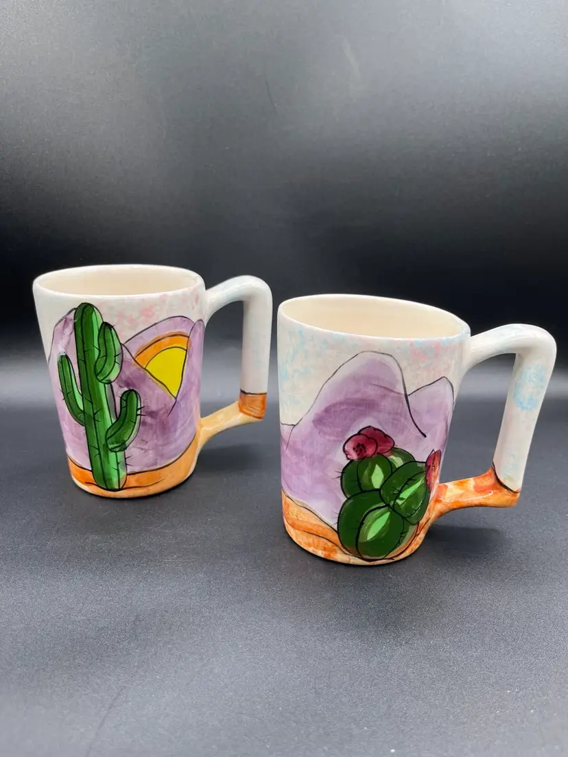 #25 Pair Of 1982 Signed Ceramic Southwestern Desert Hand Painted Mug 4.5 🏜️
