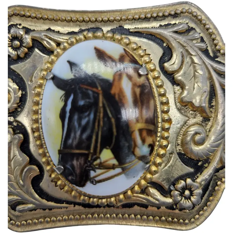 Vintage Gold-tone Western-Style Belt Buckle with a Porcelain Horse Detail