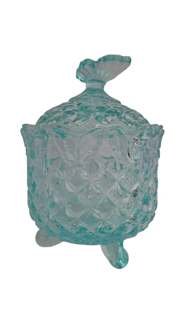 Aqua Blue Glass Trinket Jar with Butterfly Lid • Footed Candy Dish • Vintage Butterfly Glass Dish • Shabby Cottage Decor • Jewelry Holder