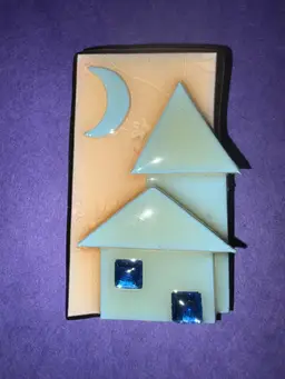 Lucinda House Pin - One Of Lucinda’s EARLY House Pins. Tan Background With Seafoam Green Houses And Crescent Moon. House Has Dark Blue Embellishments. So Good!