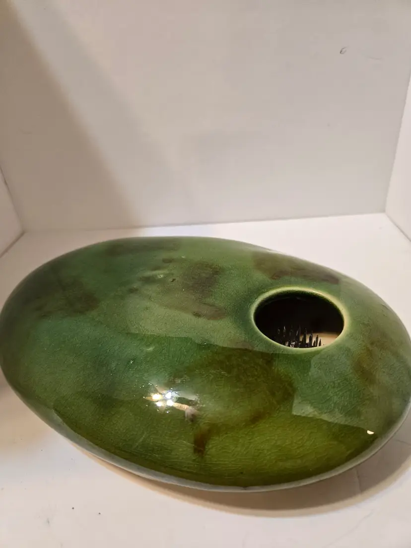 Napco Ikibana Japanese Style Vase w/ Flower Frog Green & Brown Crackle Glaze Vtg 9 x 6 1/2