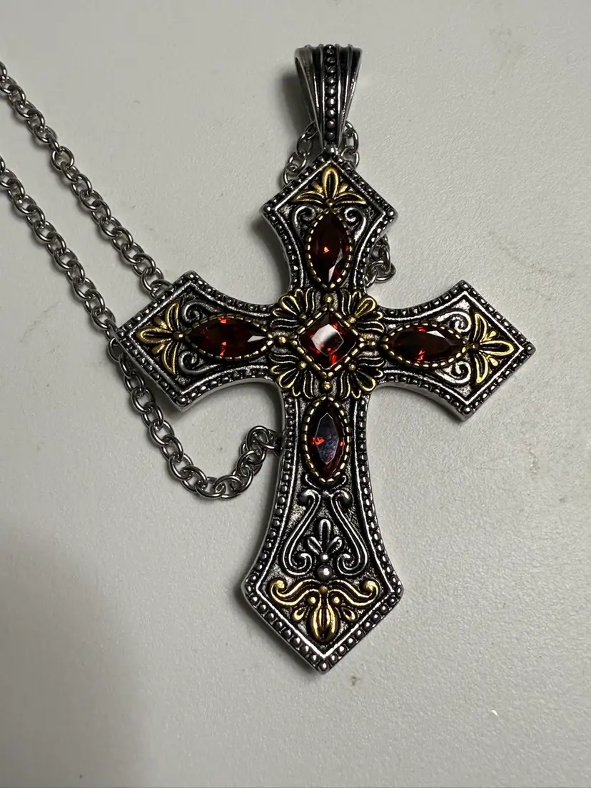 Two Tone Stainless Steel Cross And 20 Inch Chain.