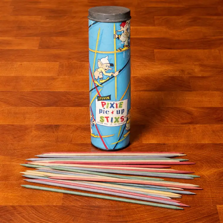 Vintage Pixie Pick Up Stix Game Steven Mfg St Louis Tube Wooden Sticks Complete