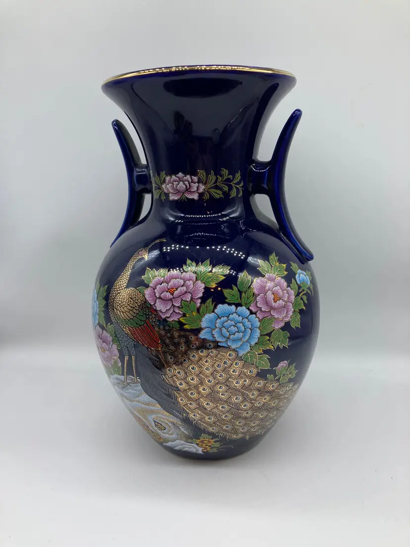 Vintage Japanese Cobalt Peacock Vase - 10" Hand Painted Ceramic Glazed - Late 20th Century