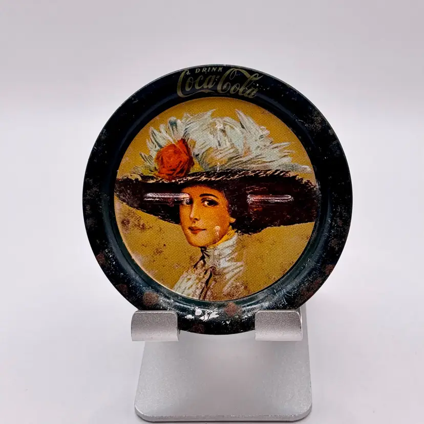 Vintage 1983 Coca-Cola Advertising Metal Coaster, Victorian Lady Graphic, Collectible Soda Memorabilia, By Coca-Cola, Made In Hong Kong