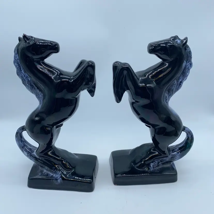 #2205 Blue Mountain Pottery Horses / Pair of Cobalt Blue Drip BMP Rearing Horses / Set of BMP Horse Bookends / BMP Canada