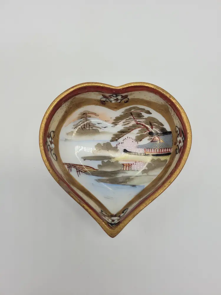 Antique Royal Kaga Nippon Handpainted Heart Shaped Open Salt Cellar Trinket Dish