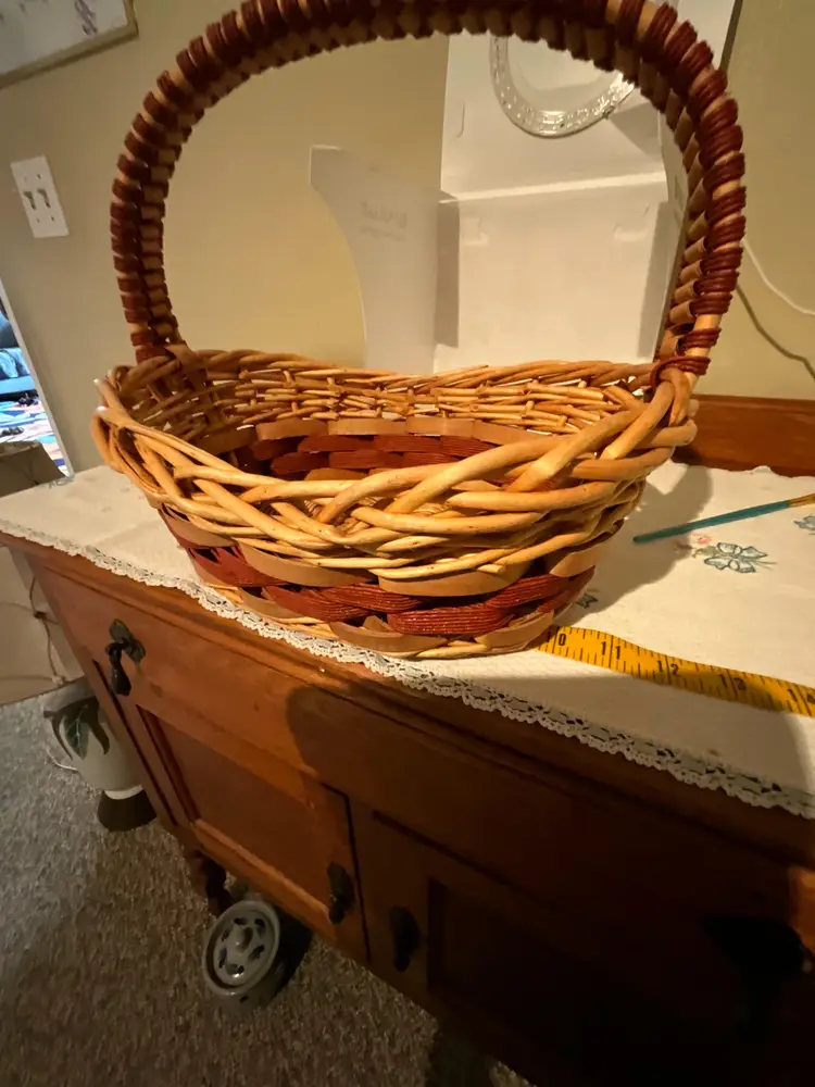 Vintage Woven Basket with Handle and Deep Red Accents