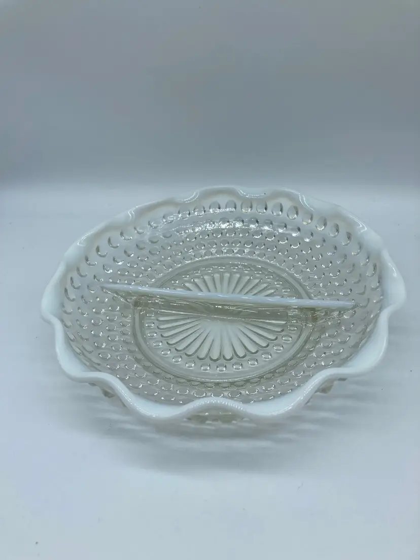 Achor Hocking Moonstone Glass Hobnail 7 1/2” Crimped Bowl Candy Dish VINTAGE