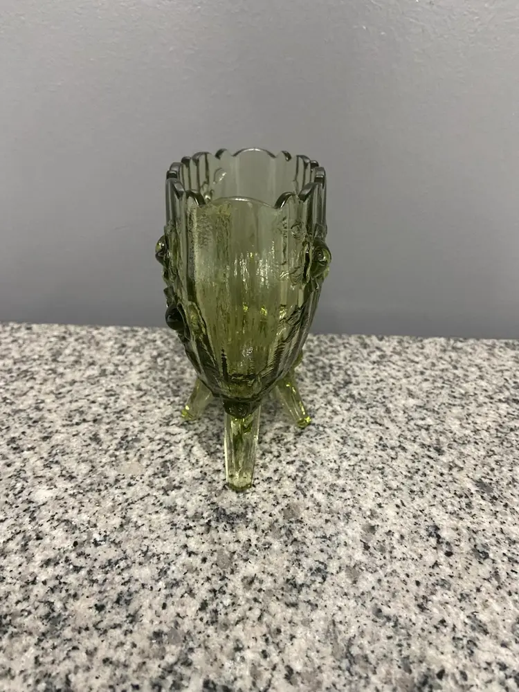 Vintage FENTON Green Oval 4 Footed Colonial Cabbage Rose Glass Vase Cottagecore