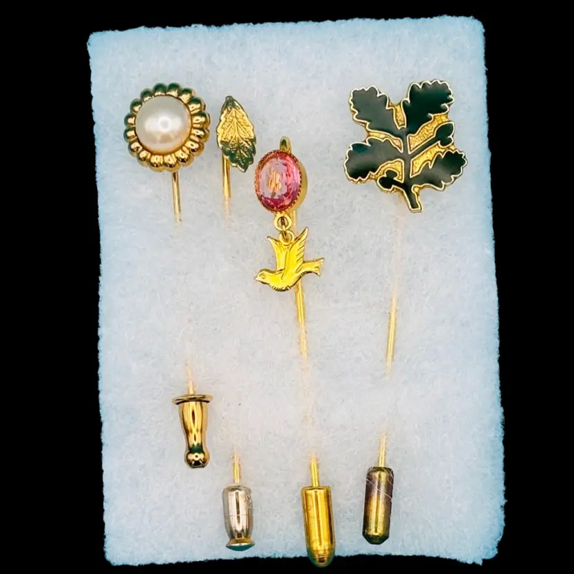 Lot of 4 Vintage Stick Pins – Faux Pearl By Monet, Gold Leaf - Unsigned, Pink Stone with Bird - Unsigned, Green Enamel Oak Leaf By A & S Direct Ltd