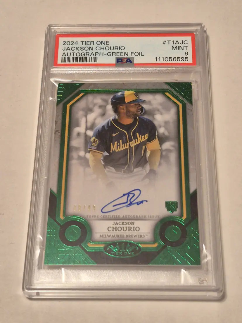 Jackson Chourio (RC) 2024 Topps Tier One Green Foil Auto /49 #T1AJC PSA 9 Brewers