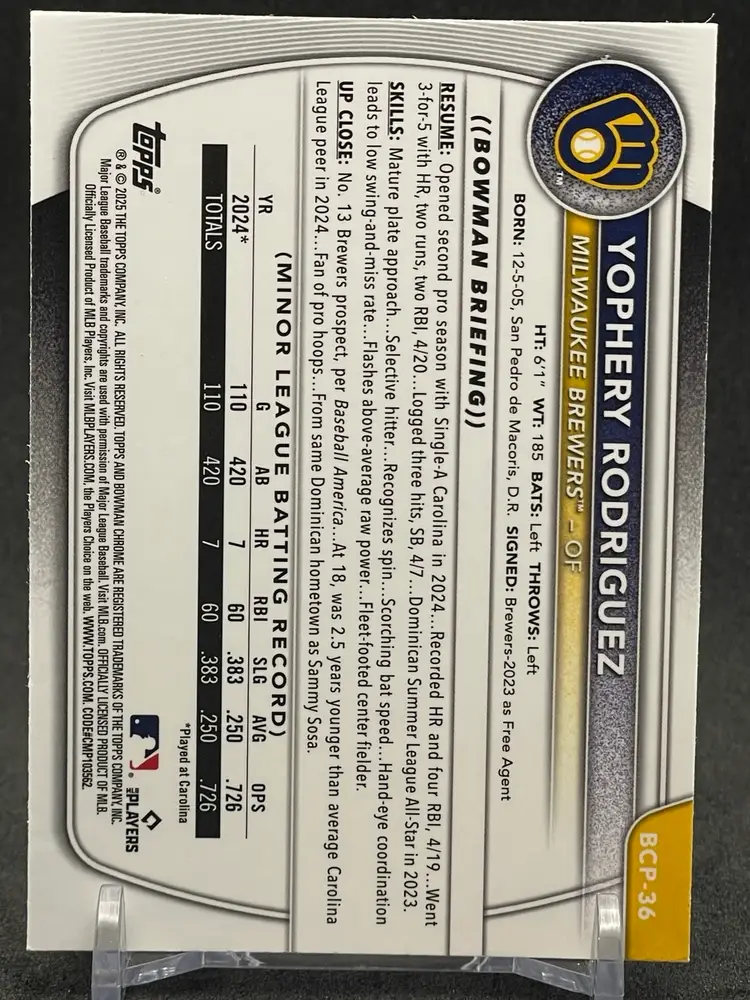 Yophery Rodriguez 2025 Bowman Chrome Bowman 1st Mojo Refractor #BCP-36