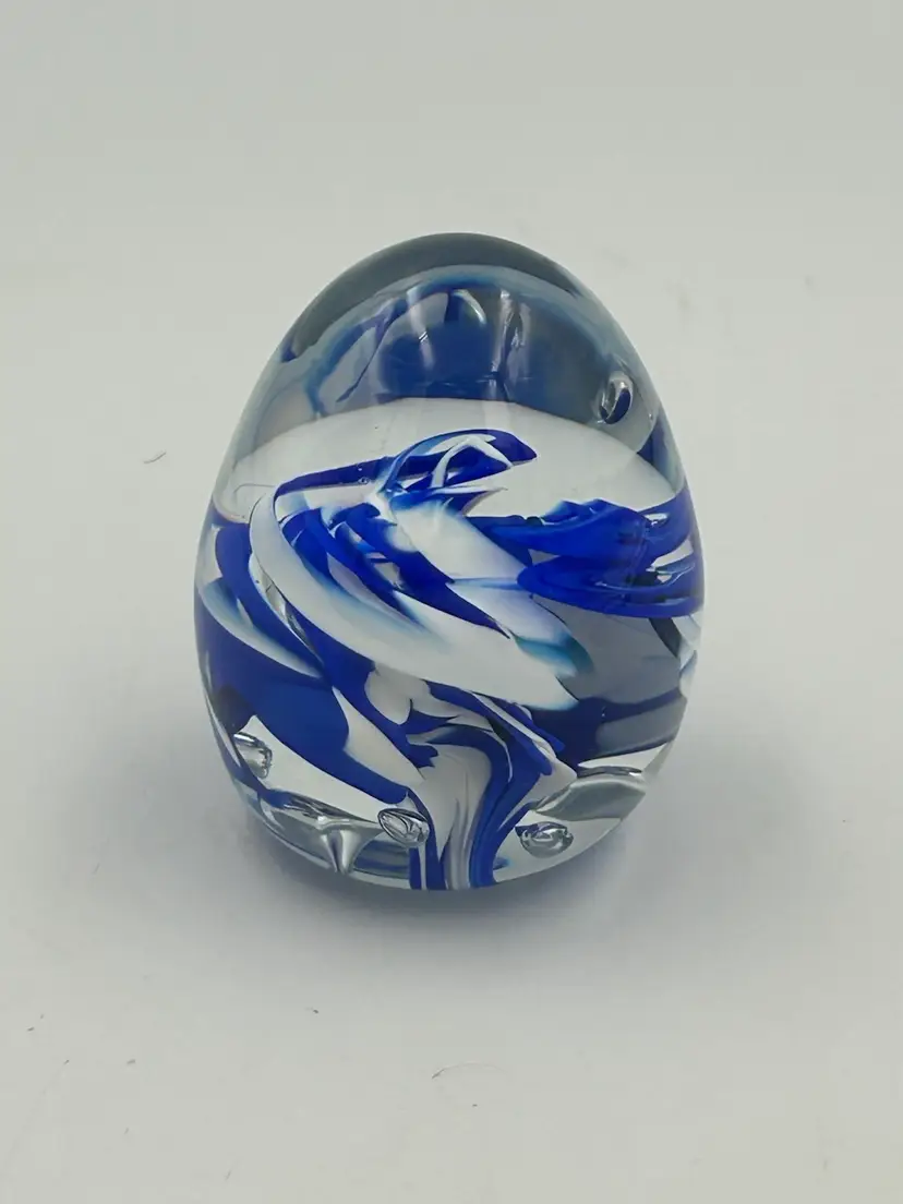 Art Glass Signed Blue And White Swirl With Control Bubbles Paperweight