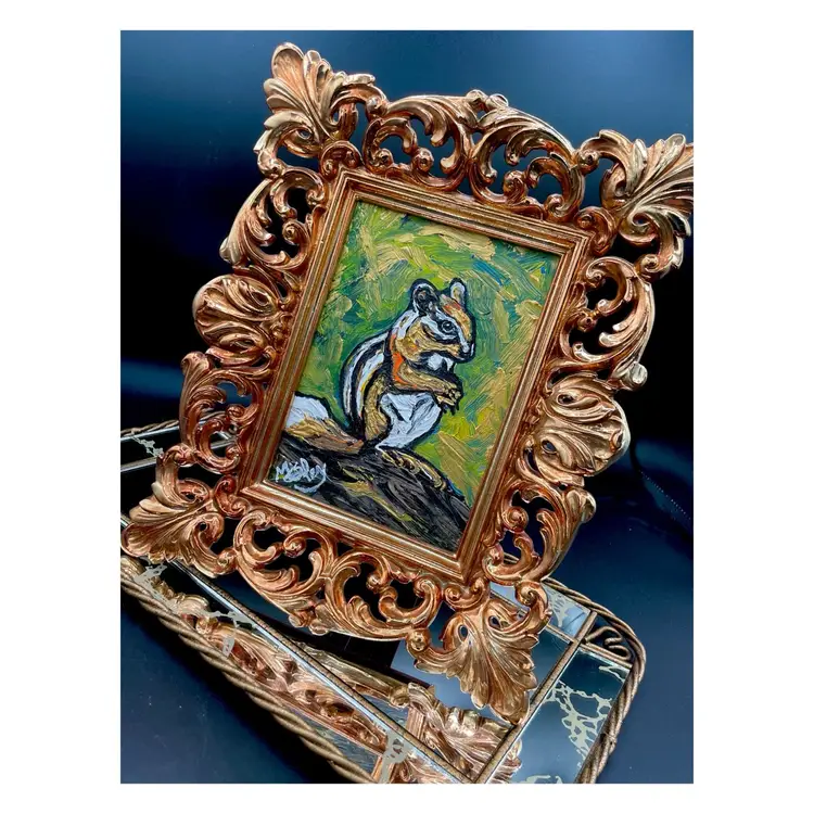 Still See You
New, Original Chipmunk Painting 
On 5”x7” Canvas Board 
In 9”x11”Rose Gold Preloved Frame
Great Condition
