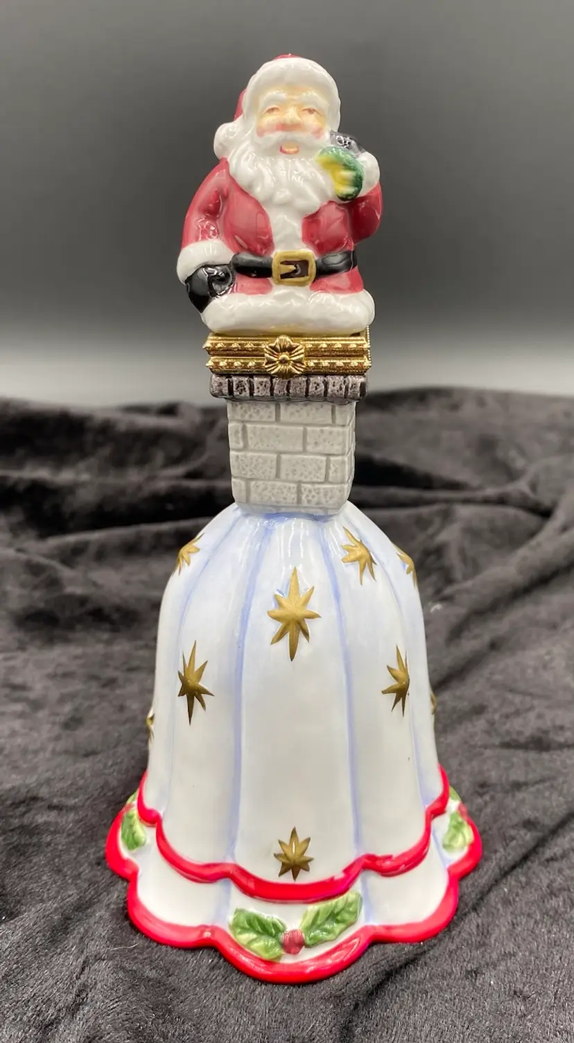 Vintage Ceramic Hinged Trinket Box atop a Bell, Santa going down the Chimney