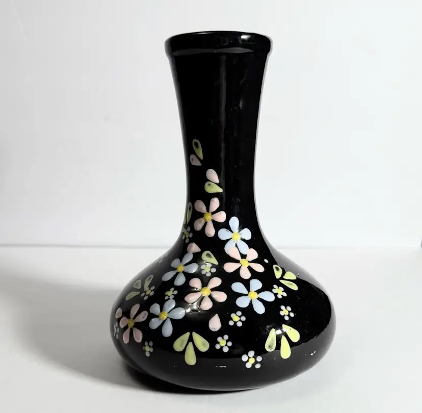 Handpainted Art Pottery Spring Flowers On Black Vase