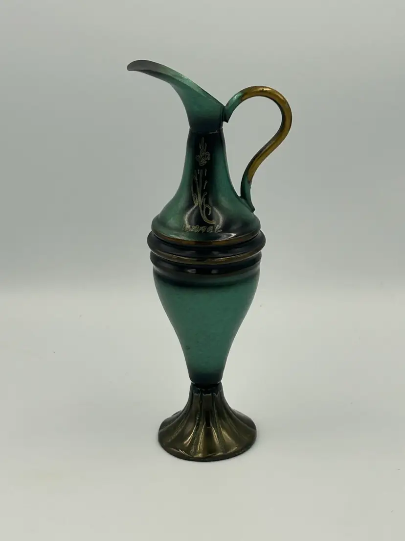 Vintage Real Hand, Painted Enamel, And Brass Patina Pitcher Figurine