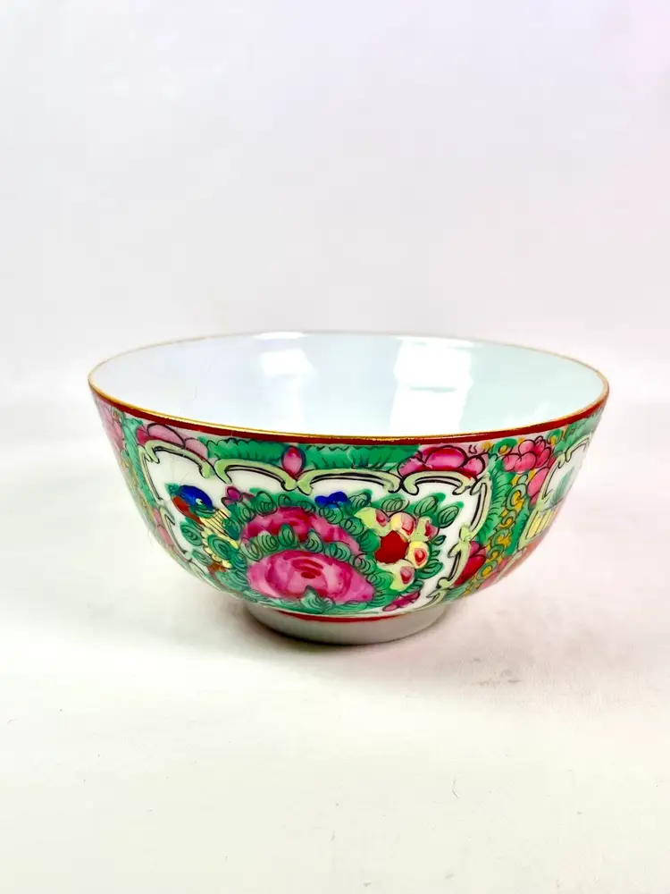 Vintage Famille Rose Medallion Rice Bowl Chinese Porcelain Floral