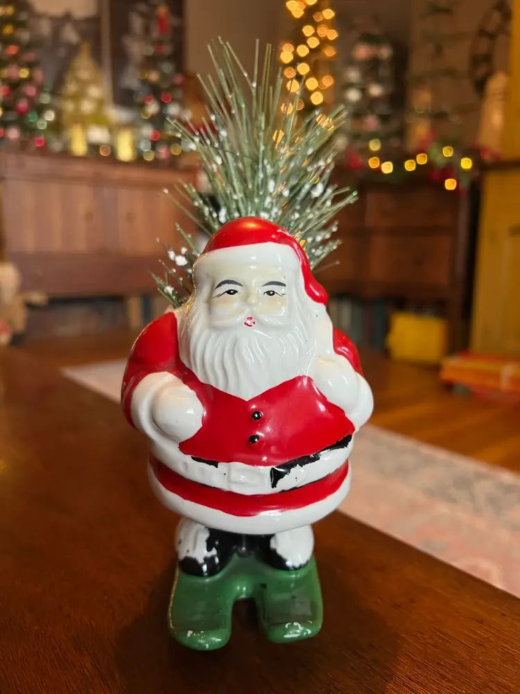 Vintage Ceramic Santa Planter With Greenery