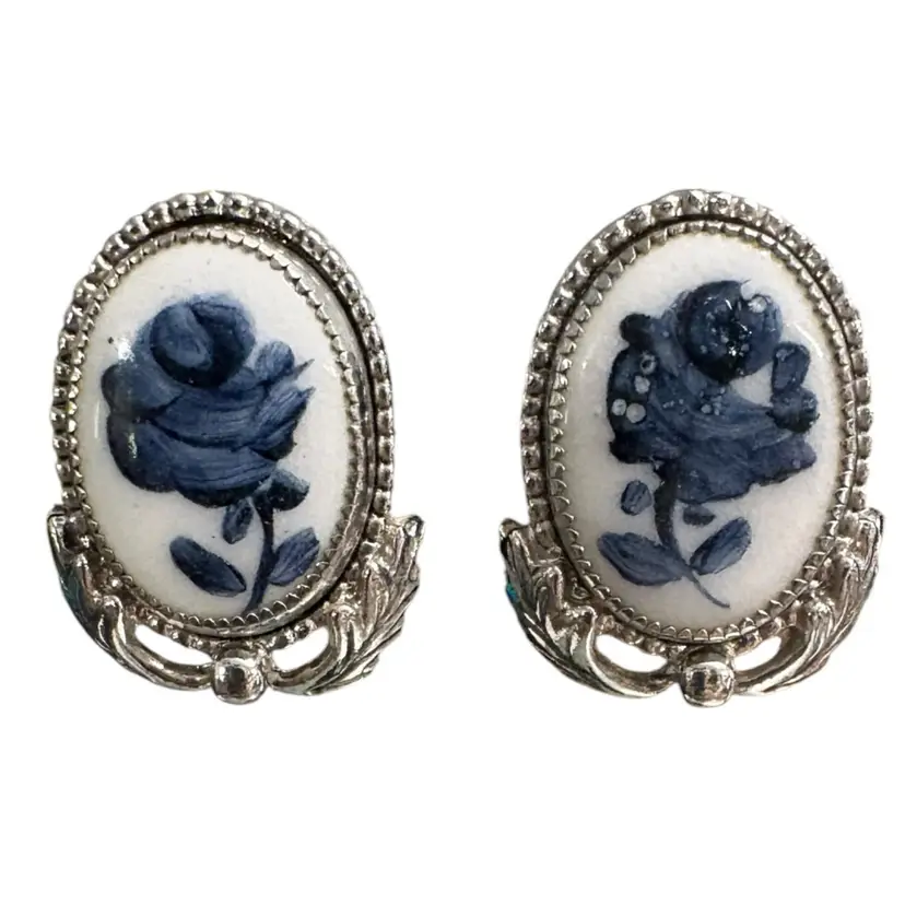 Vintage Whiting And Davis Floral Porcelain Clip On Earrings
