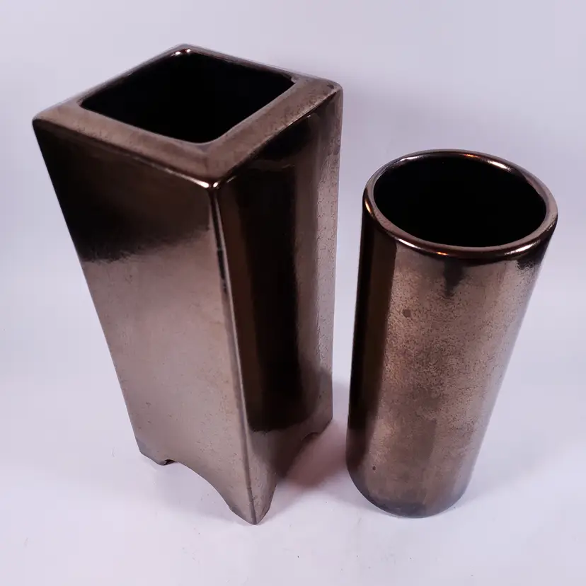 MCM HAEGER POTTERY Bronze Metallic Cylinder & Square Ceramic VASE SET