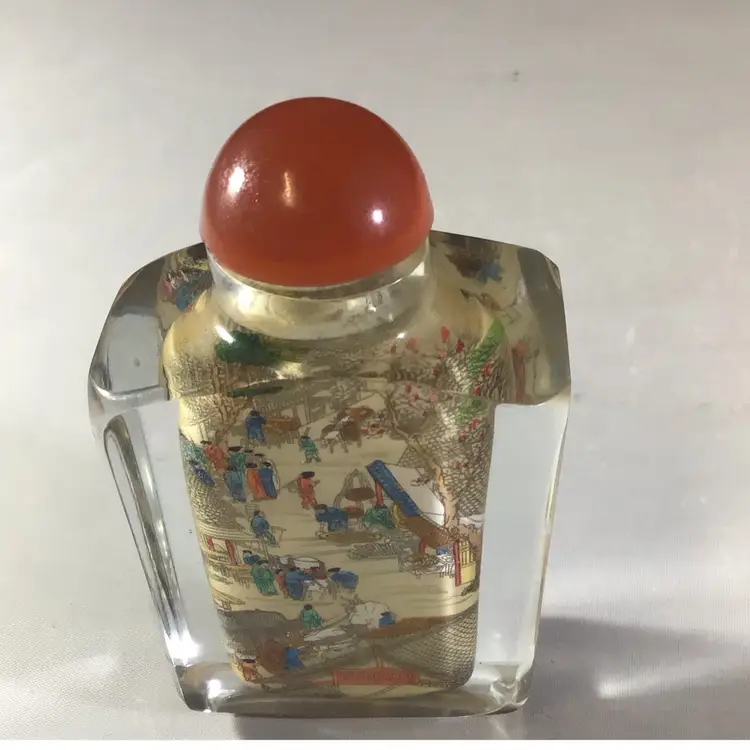 Vtg Reverse Hand Painted Snuff Bottle W/ Stopper Village Scene