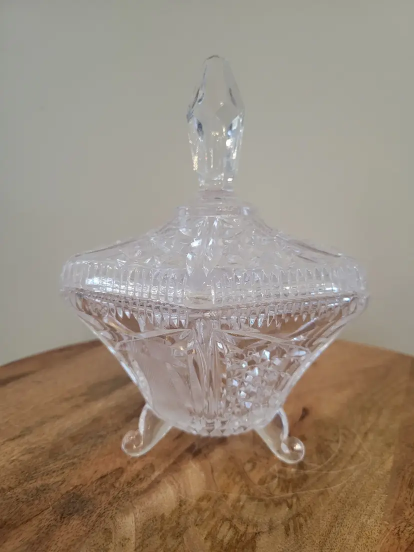 Vtg Etched Brilliant Cut Clear Crystal Glass Compote Candy Dish Lid 3 Footed