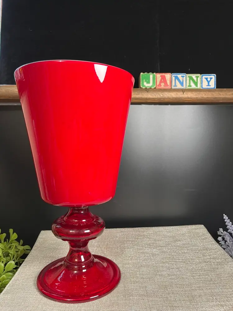 Blown Art Glass Ruby Red Cased Vase w/ Translucent Ruby Red Pedestal